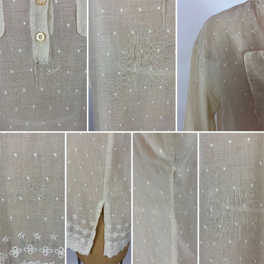 Vintage 70s Sheer Shirt Womens Large Beige Dotted Embroidered Mandarin Tunic - Picture 10 of 11